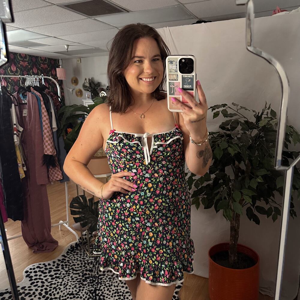 Betsey Johnson Retro Floral Mini Slip Dress Navy Bow